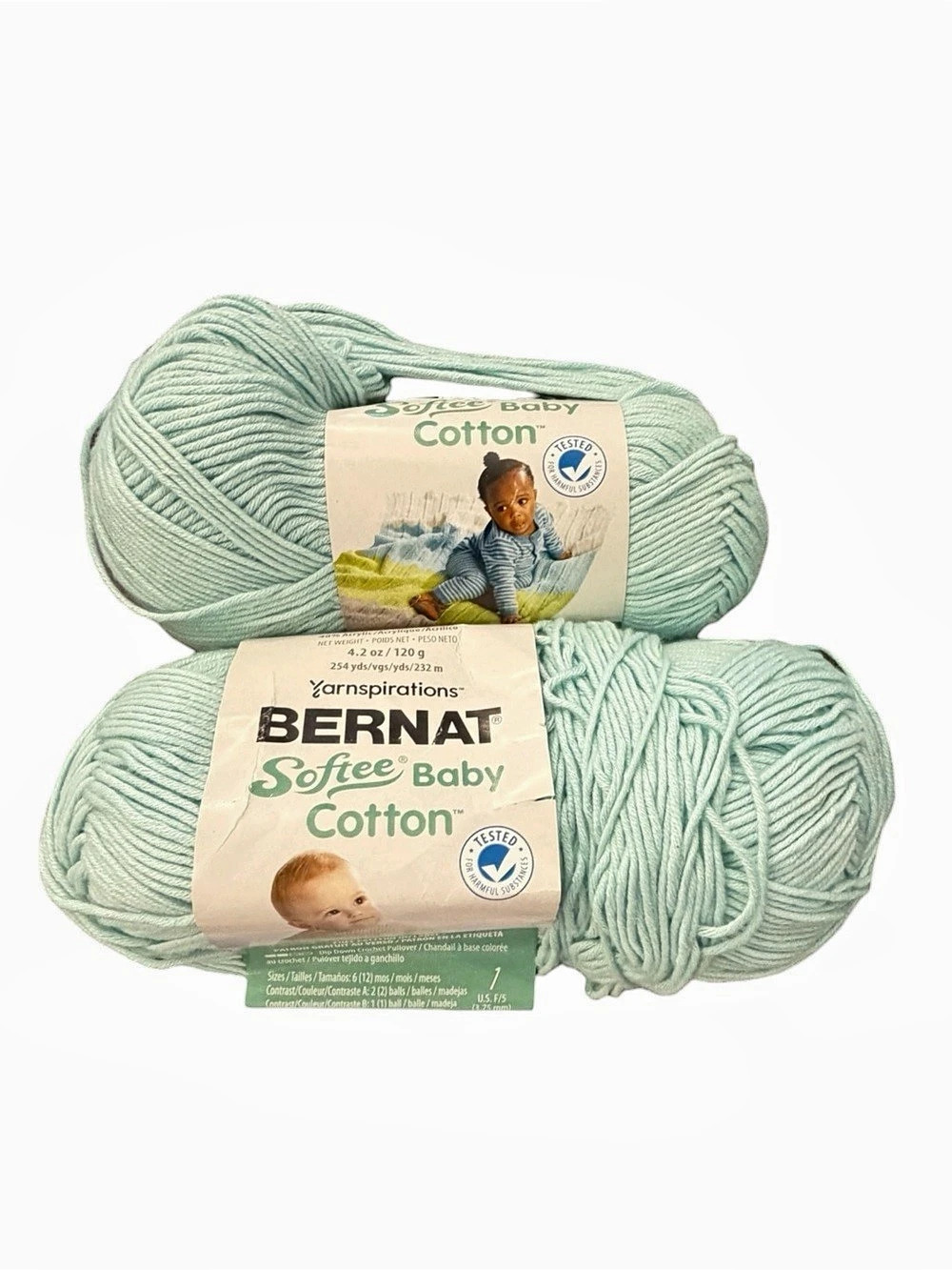 Lot Of 2 Bernat Softee Baby Cotton Blend Yarn Aqua Mist 4.3oz/254yds #3 Light